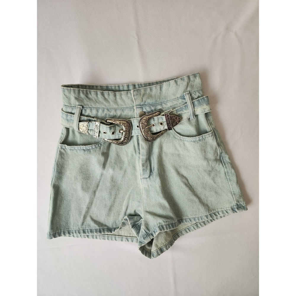 Altar'd State Light Wash Denim Shorts Western Double Buckle Belt Blue Womens S